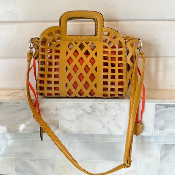Street Level Handbags - Street Level Faux Leather Cut Out Gold & Orange Small Tote or Crossbody Bag